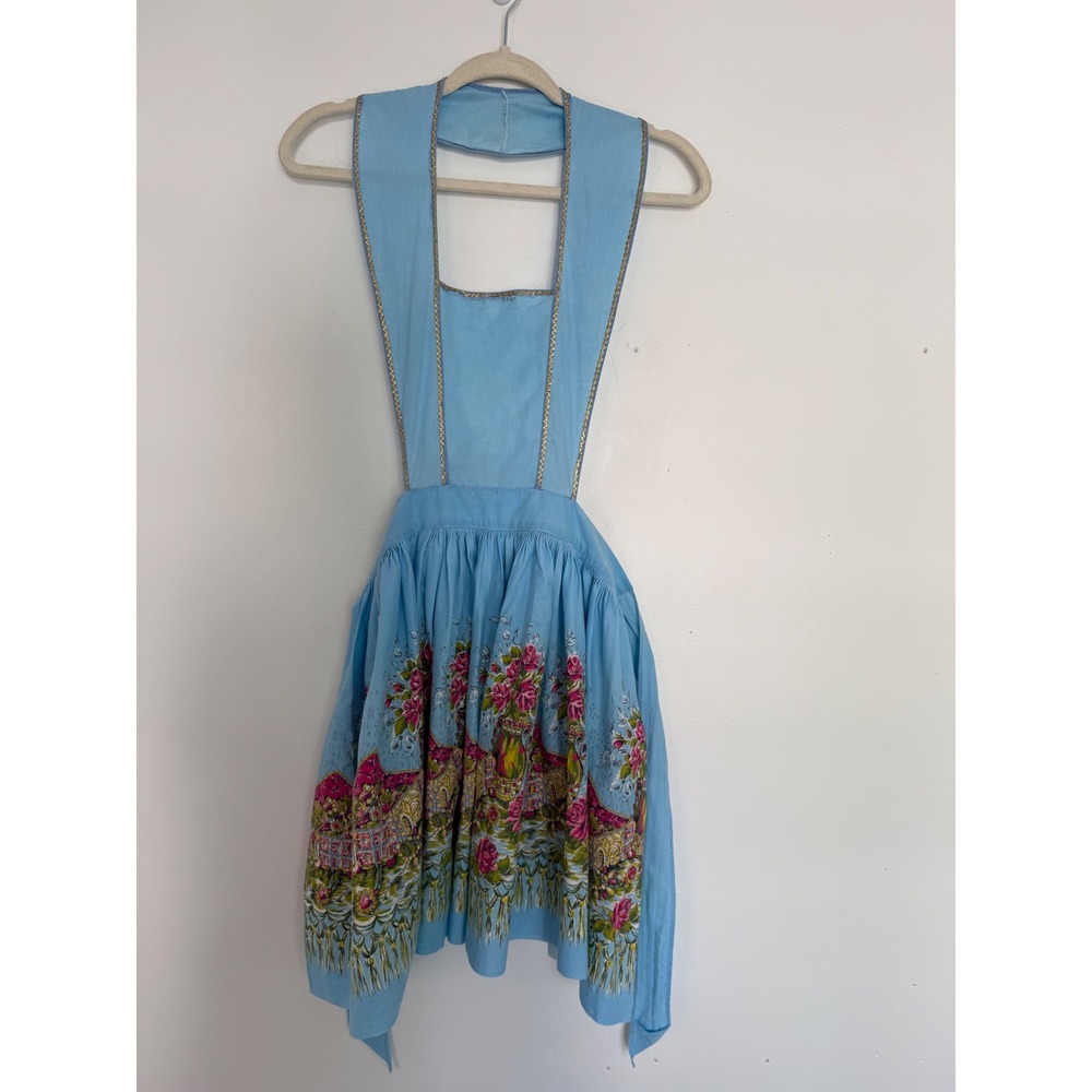 Vintage Blue Handmade Bib Tie Back Apron Pink Floral Cottagecore Tradwife